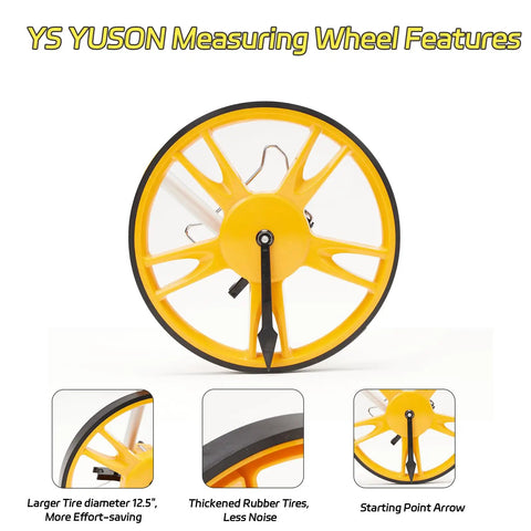 Foldable 12 Inch Metric Measuring Wheel With High Accuracy Counter Up To 10,000 M Built For The Jobsite Great For Construction, Survey, Roadwork And Landscaping Includes Carrying Bag Durable And Easy to Use. yellow metric measuring wheel with 12.5-inch tire and pointer