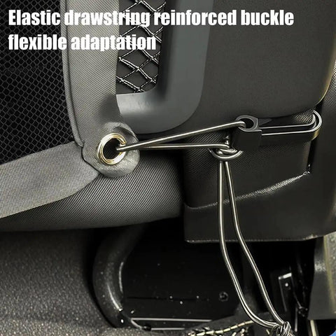 Heavy Duty Mesh Pet Gate For Tesla Cybertruck shows elastic drawstring and reinforced buckle for secure attachment.