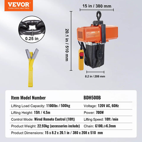 VEVOR BDH500B 1100 lb electric chain hoist, 120V, 15 ft lift, orange unit with G100 chain