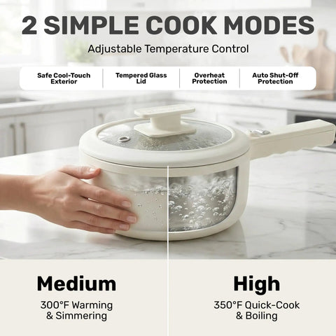 All In One Electric Hot Pot With Steamer And Lid 1.5L Nonstick Ceramic Cooker boiling water on countertop