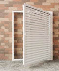 Slick White Louvered Air Vent Access Panel For Drywall And Kitchen Heavy Duty Metal Inspection Hatch installed on a wall