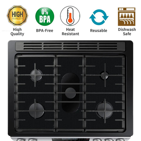 Top view of gas range with Three Pack Stove Burner Covers For Gas Range, Heat Resistant Stove Top Protectors, icons above