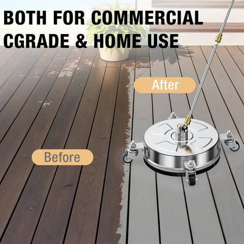 Beast 14 Inch Pressure Washer Surface Cleaner with 4 Wheels and Stainless Steel Housing cleaning a wooden deck