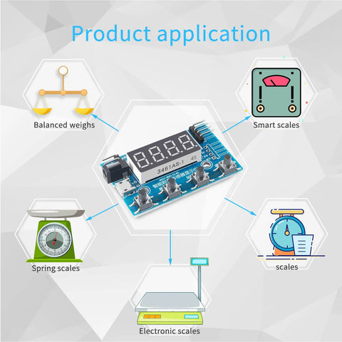 HX711 Digital Load Cell Module With Display for DIY scales application diagram featuring balanced, smart, spring, and electronic scales
