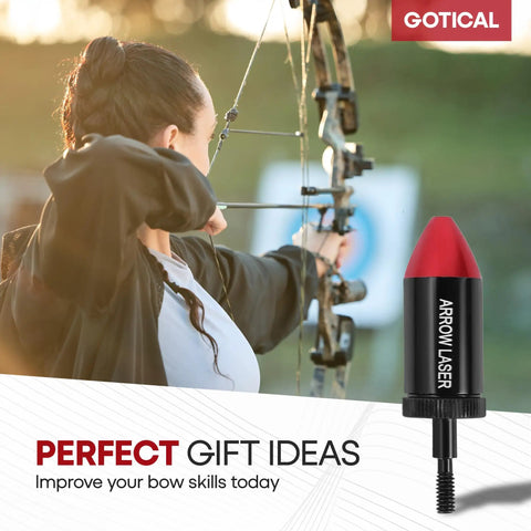 Woman aiming compound bow with Arrow Laser Sight for Bow and Crossbow, Tactical Archery Red Dot Bore Sight visible
