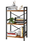 3 Tier Industrial Metal Bookcase with Rustic Brown Finish, Etagere Style, displaying books and decor, slim sturdy frame, patent pending