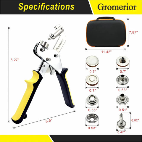 Premium Snap Fastener Kit With Case 100 Sets Of 15mm Stainless Steel Snaps Heavy Duty Snap Button Kit shown with handheld press and tool case
