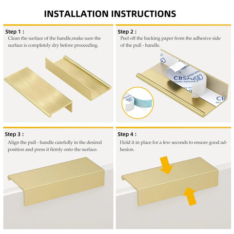 Installation steps for Six Pack Adhesive Cabinet Handles In Gold Finish Peel And Stick No Drill Cabinet Pulls For Kitchen And Bathroom.
