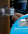 Keyless Smart Door Lock With Automatic Locking Battery Backup and backlit keypad shown on wooden door