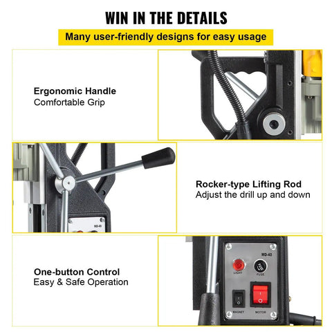 Workhorse Portable Magnetic Drill Press details featuring ergonomic handle, rocker-type lifting rod, and one-button control.