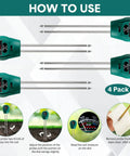 4 Pack Plant Moisture Meter 3 In 1 Soil Tester And PH Monitor For Houseplants And Garden Indoor Outdoor Yard Lawn Patio Farm Care No Battery Required Green showing usage instructions.