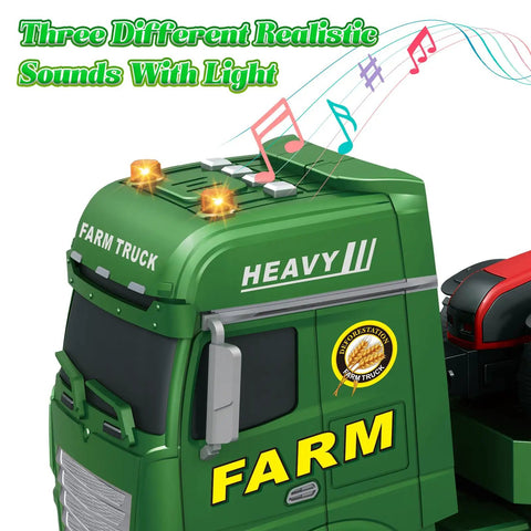 Green farm truck toy with LED lights and sound, part of the Huge 25.6 Inch 3 In 1 Farm Truck Toy Set For Kids Ages 3 To 6.