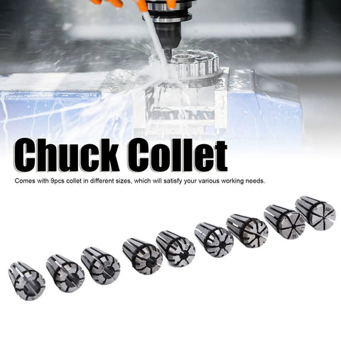 ER8 Collet Set 9Pcs Spring Collets High Precision For CNC Milling Engraving Machines And Lathes displaying collets and CNC machine.