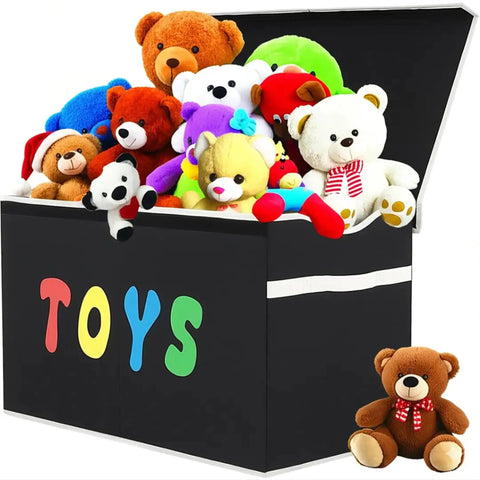 Extra Large Collapsible Toy Box Chest With Lids For Kids Storage holding stuffed animals, black with colorful 'Toys' text