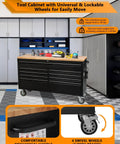 Front view of 61-Inch Heavy-Duty Rolling Tool Chest And Mobile Workbench with 9 drawers, rubber wood tabletop, and wheels.