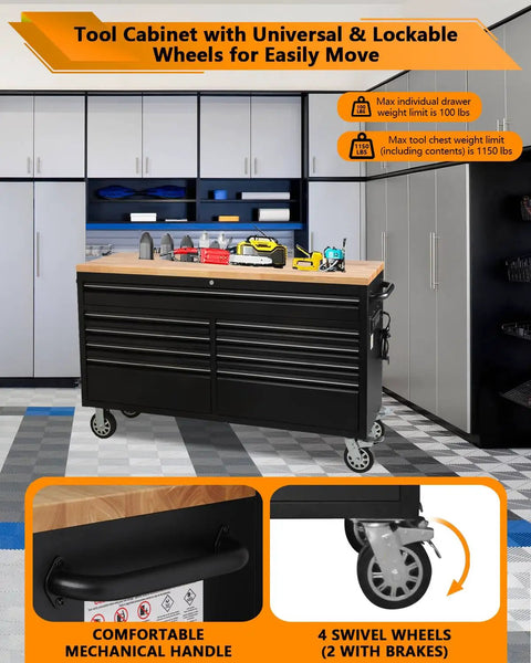 Front view of 61-Inch Heavy-Duty Rolling Tool Chest And Mobile Workbench with 9 drawers, rubber wood tabletop, and wheels.
