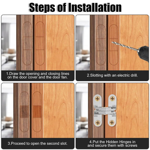 Steps of installation for Heavy Duty Concealed Cabinet Hinge Kit Featuring Real Deal Stainless Steel Build and Complete Box of Mounting Screws.