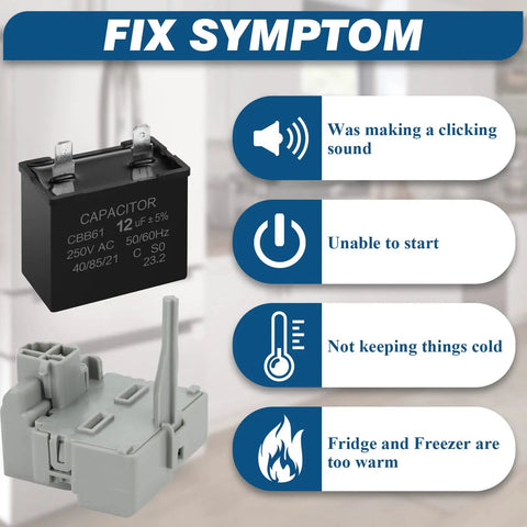 Refrigerator Start Device And Run Capacitor Kit W10189190 TSD2 And W10662129 with fix symptoms for fridge issues