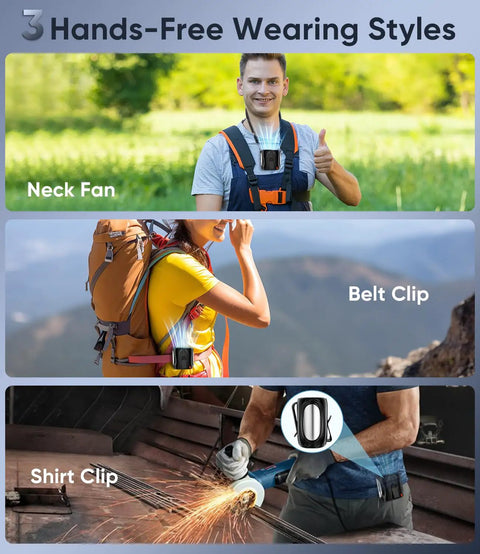Hands Free Belt Clip Personal Fan With 4 In 1 Cooling Waist Neck Desk And Handheld shown in neck, belt, and shirt clip styles.