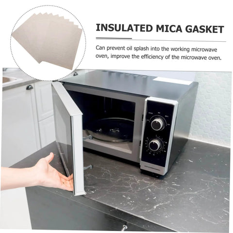 Person opening microwave showing 10 Piece Mica Plates 150x120mm Microwave Heat Insulation And Fireproof Sheets Anti Oil Kitchen Accessory