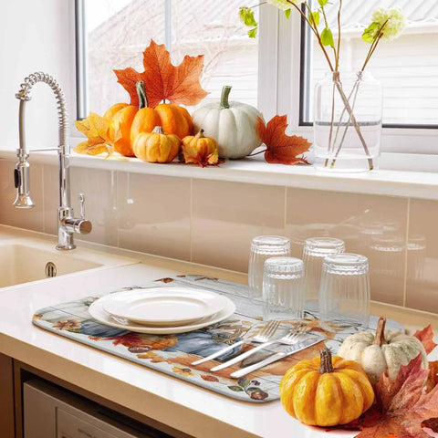 Thanksgiving Themed Dish Drying Mat With Pumpkin Fox Squirrel Motif For Kitchen Counter Absorbent Microfiber 16 x 18 Inches