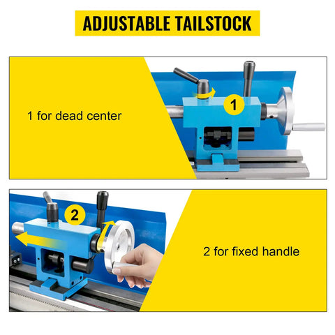 Adjustable tailstock on Dead Nuts Accurate Mini Metal Lathe 7 X 14 Inch for precise turning and threading operations.