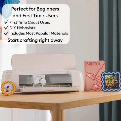 Maker 4 Starter Craft Bundle With All In One Die Cutting Machine displayed on table with decor frames and materials