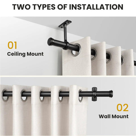 Built Tough Adjustable Curtain Rod Set 72 To 144 Inches 1 Inch Diameter with ceiling and wall mount installation options