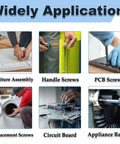 Image showing various uses of 30 Pcs M4x45mm Pan Head Phillips Machine Screws 304 Stainless Steel Fully Threaded 1.75 In For Furniture Repairs And 3D Printers In A Durable Plastic Storage Box, including furniture assembly, handle screws, PCB screws, replacement screws, circuit board, and appliance repair.
