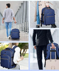 DEVPNR rolling backpack for women in dark blue; 17-inch laptop bag with wheels, shown from front and side views.
