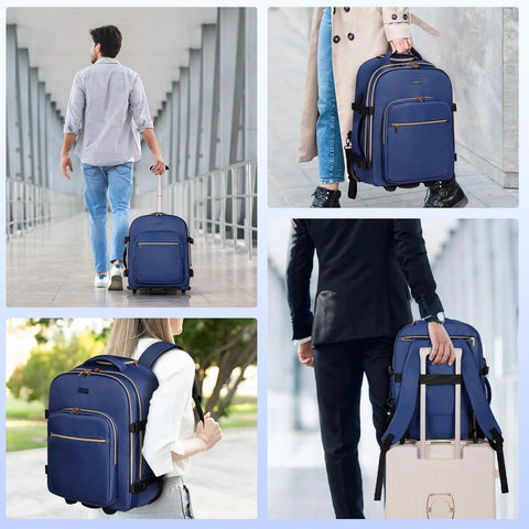 DEVPNR rolling backpack for women in dark blue; 17-inch laptop bag with wheels, shown from front and side views.