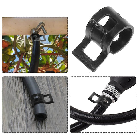Rierdge 1/4 ID spring band hose clamp installed on black hose (front view), 6mm size.
Close-up of black spring band hose clamp with square locking tab.
Rierdge clamp side view on a black hose attached to a wooden surface.
Clamp secured around braided hose near metal fitting.