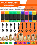 Big 16 Inch Hand Rivet Nut Tool With Heavy Duty Setter Kit Featuring Easy Swap Nose Pieces, 11 Metric And Sae Mandrels Plus 110 Rivnuts For Pro Auto Shop Fixups And Tricky Spot Jobs, mandrels and rivnuts set