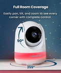 Add-On Camera For MaxView Video Baby Monitor With Remote Pan Tilt Zoom showcased with pan and tilt angles on a table.