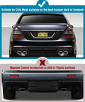 Image showing suitability of Magnetic License Plate Holder For Metal Bumpers 4 Pack Neodymium Magnets on metal versus plastic surfaces.
