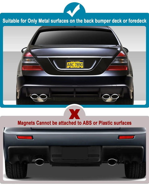 Image showing suitability of Magnetic License Plate Holder For Metal Bumpers 4 Pack Neodymium Magnets on metal versus plastic surfaces.