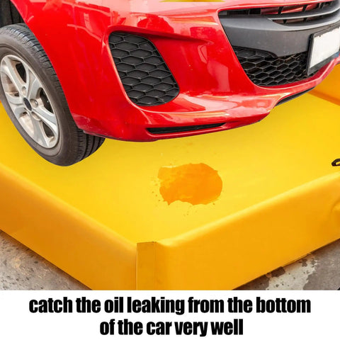 Foldable 6x6 Ft Duck Pond With Portable Spill Containment Berm Wall capturing oil spill under red car, waterproof PVC