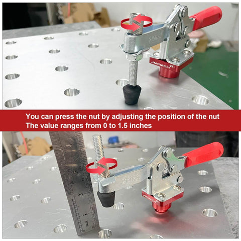 5/8 Inch Insert Clamp Fixture For Welding Tables, Quick Press Clamp With Sliding Jaws, Mounted on Benchtop with Ruler