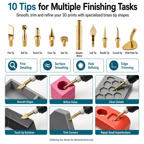 Guide showing 10 brass tips from 18-Piece Pro-Grade 3D Print Finishing Tool Kit With Heat Set Insert Tips And Brass Soldering Iron Tips.