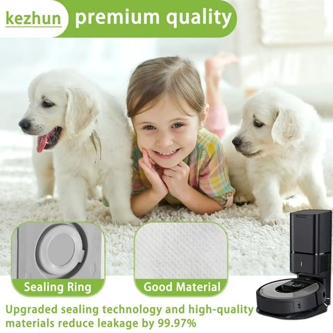 Child with puppies and vacuum showcasing Must Have 22 Pack Replacement Vacuum Bags For Roomba I7 I7 Plus I8 I8 Plus I1 I1 Plus I3