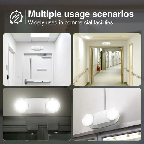 6 Pack Hardwired LED Emergency Lights With Battery Backup, Two Adjustable Heads, mounted in commercial hallways