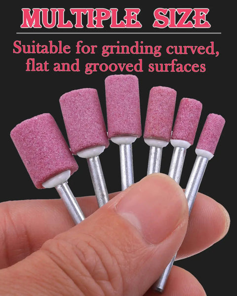 Hand holding 60 pack grinding stone set with one eighth inch shank showing multiple sizes for grinding, polishing, and deburring ferrous metal.