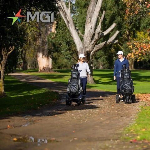 No Drama All Terrain Remote Electric Golf Cart With Full Zip Folding Frame Plays Thirty Six Holes being used by two golfers in a park.