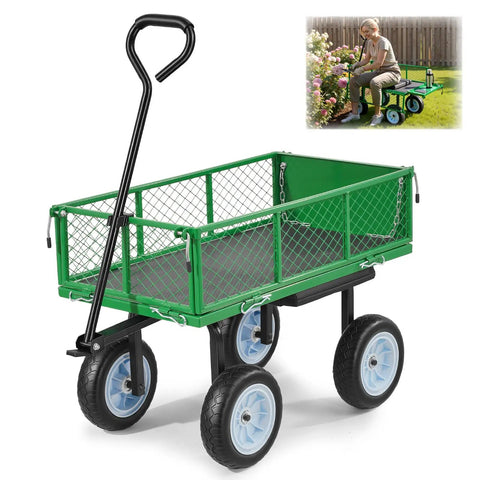 Beast Mode 500 Lbs Garden Cart With Seat, 2-In-1 Wagon And Stool, 10-Inch Flat Free Wheels, adjustable handle, green