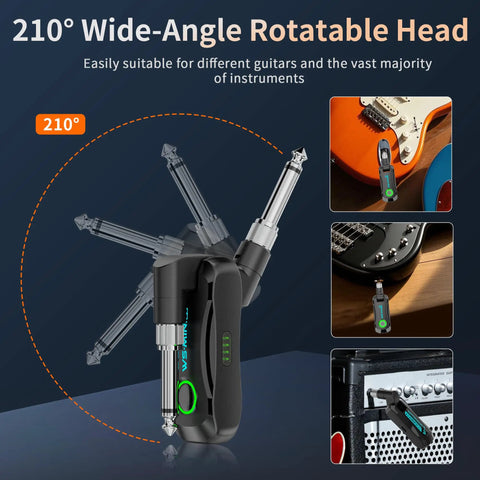 Wireless Guitar System For Electric Guitar And Bass With Rechargeable 2 4GHz Transmitter Receiver, rotatable head feature