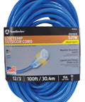 Heavy Duty 12 Gauge 3 Conductor Extension Cord 100 Ft SJTW Blue Cold Weather Rated For Oil And Moisture UL Listed Pro Grade