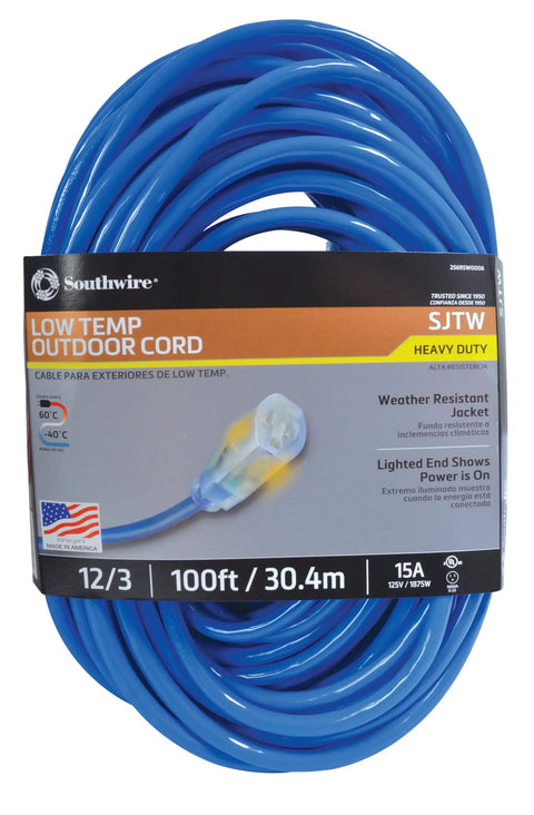 Heavy Duty 12 Gauge 3 Conductor Extension Cord 100 Ft SJTW Blue Cold Weather Rated For Oil And Moisture UL Listed Pro Grade