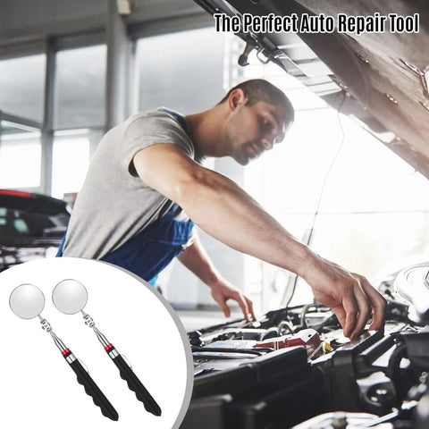 Mechanic using six pack telescoping inspection mirrors retractable 29 inch mechanical mirror tool for under vehicle checks.