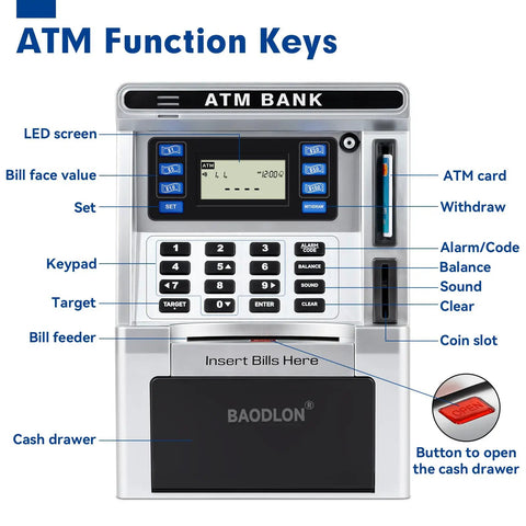 ATM Style Piggy Bank For Kids With Real Money Deposits Debit Card Access Bill Feeder Coin Recognition Digital Balance Calculator