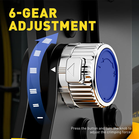 Close-up of 6-gear adjustment knob on 7 Piece Beefed-Up Pro Grade Quick Change Crimping Tool Set With Ratcheting Wire Crimper And 7 Die Sets.
